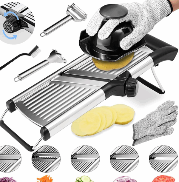 Adjustable Stainless Steel Mandoline Slicer with Cut-Resistant Gloves, Safety Holder, Peeler & Corn Cutter – Multipurpose Kitchen Tool - Image 2