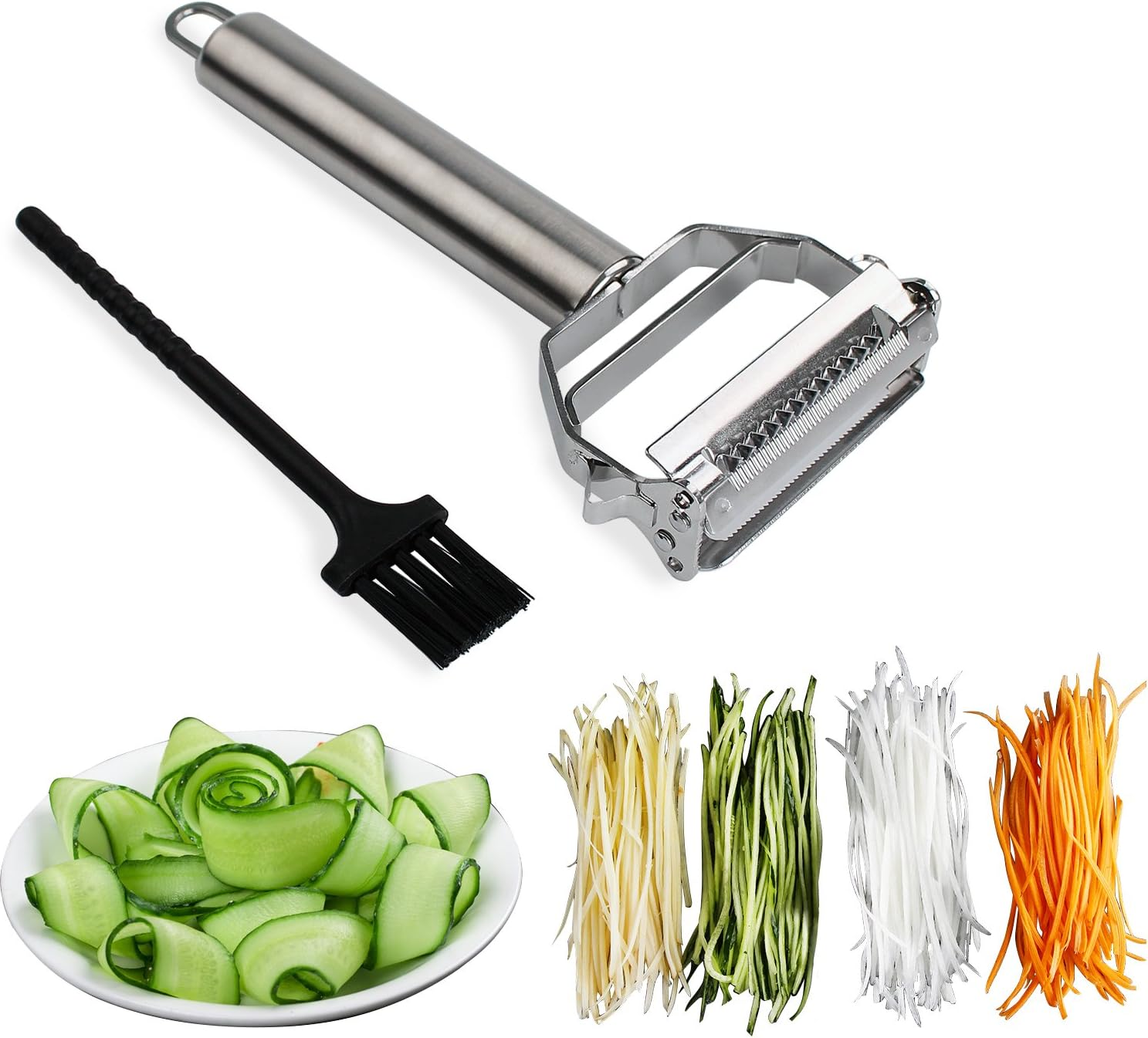 3-in-1 Stainless Steel Julienne Peeler & Slicer with Cleaning Brush – Dual Blade for Fruits & Vegetables