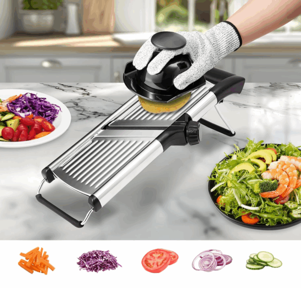 Adjustable Stainless Steel Mandoline Slicer with Cut-Resistant Gloves, Safety Holder, Peeler & Corn Cutter – Multipurpose Kitchen Tool - Image 3