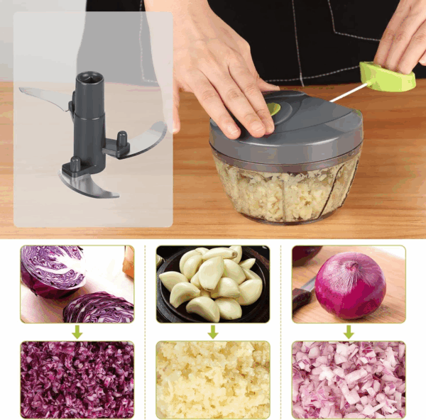 Cambom Manual Food Chopper – Hand Pull Vegetable Cutter with Stainless Steel Blades, BPA-Free, 550ml Capacity (Gray) - Image 2
