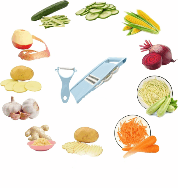 5-in-1 Mandoline Vegetable Slicer with Interchangeable Blades – Compact Multi-Function Kitchen Cutter & Peeler (Blue) - Image 3