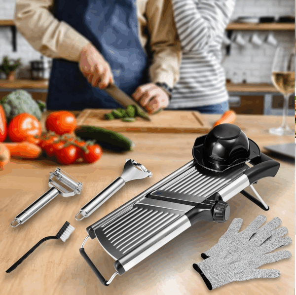 Adjustable Stainless Steel Mandoline Slicer with Cut-Resistant Gloves, Safety Holder, Peeler & Corn Cutter – Multipurpose Kitchen Tool - Image 4