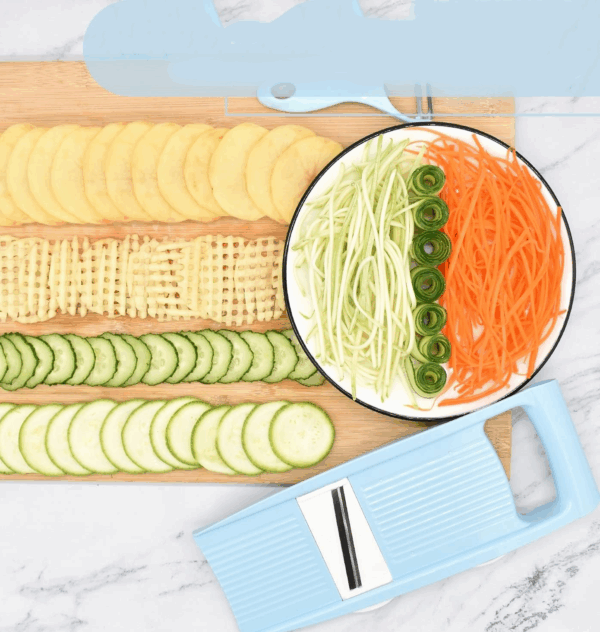 5-in-1 Mandoline Vegetable Slicer with Interchangeable Blades – Compact Multi-Function Kitchen Cutter & Peeler (Blue) - Image 4