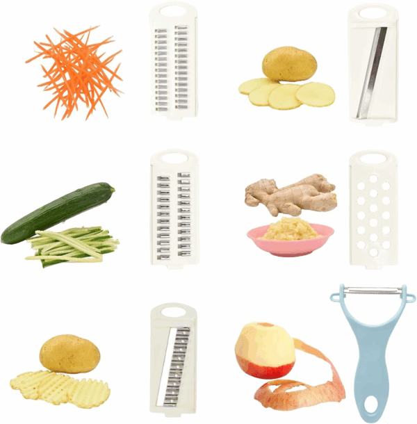 5-in-1 Mandoline Vegetable Slicer with Interchangeable Blades – Compact Multi-Function Kitchen Cutter & Peeler (Blue) - Image 5