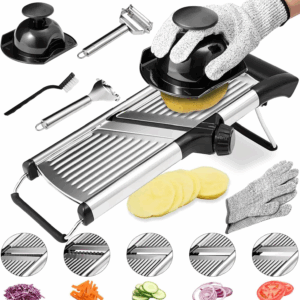 Adjustable Stainless Steel Mandoline Slicer with Cut-Resistant Gloves, Safety Holder, Peeler & Corn Cutter – Multipurpose Kitchen Tool